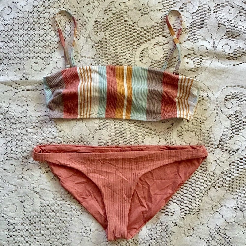 Vitamin A EcoRib Striped Bikini Set - Bandeau Top & Ribbed Bottoms Medium